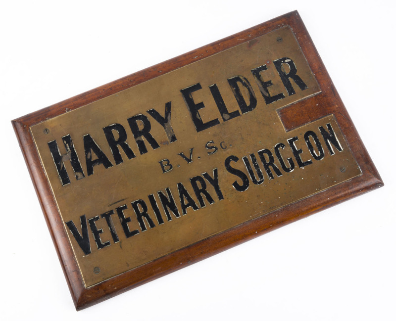 "HARRY ELDER B.V.Sc. VETERINARY SURGEON" shop shingle, engraved brass, enamel and timber, 19th century, made by P.J. KING of 122 Russell Street in Melbourne. ​28 x 43cm