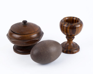 An Australian turned timber bowl, blackwood box and an emu egg, late 19th early 20th century, (3 items), the egg 13.5cm high