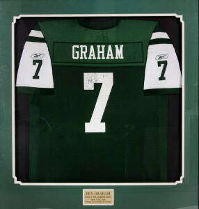 BEN GRAHAM (1973- , former Geelong footballer, who has become a professional NFL punter, the first Australian to have played in a Super Bowl) signature on New York Jets NFL jersey (Graham played for the New York Jets 2005-08), window mounted, framed & gla