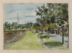 LESLEY SINCLAIR (c1901- 1999), (Boat sheds on the Yarra), ink & wash on board, signed and dated '55 lower right,