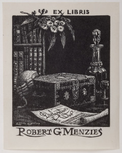 LIONEL ARTHUR LINDSAY (1874 - 1961), Bookplate for Robert G. Menzies, woodcut on adhesive-backed paper, signed in the plate,