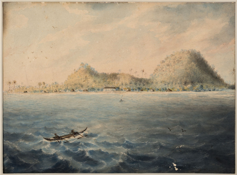 Artist Unknown, (Natives rowing towards the Island of Aunu'u), watercolours, c1830s 21.5 x 29cm.