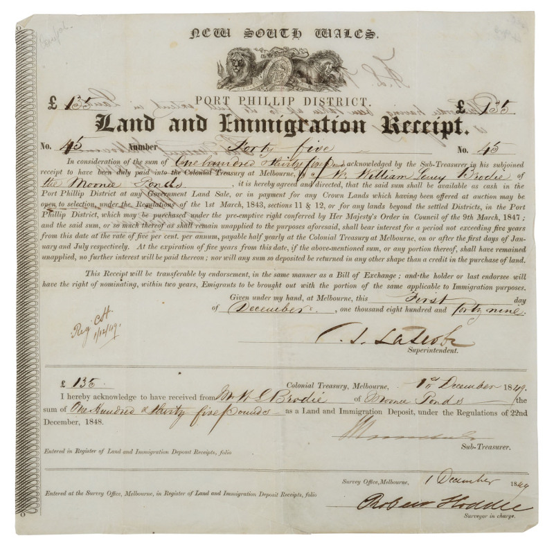 NEW SOUTH WALES - PORT PHILLIP DISTRICT. LAND and EMMIGRATION RECEIPT No.45, issued to Mr. W.G. Brodie of Moonie Ponds on 1st December 1849 for the payment of £135. The payment is in the nature of a deposit so that Brodie could participate in the purchase