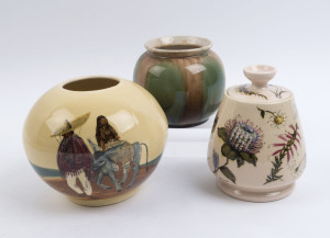 MARTIN BOYD spherical pottery vase with Mexican peasant scene, incised "Martin Boyd, 1950", 16cm high, 21cm wide