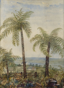 Artist Unknown (Tree ferns on the Kurrajong, New South Wales), watercolour, 34 x 24.5cm. With retained slip affixed to back of frame, titled as above and dated "Jan.1. 1874".