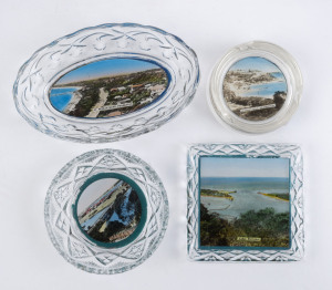 Four photographic glass souvenir dishes including "Oliver's Hill Frankston", " Pt. Nepean Road Frankston", and two of "Lakes Entrance", early 20th century, ​the largest 15cm wide