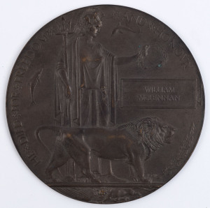 MEMORIAL PLAQUE to WILLIAM McLENNAN: Bronze plaque, 120mm diameter in the composite cardboard box of issue.