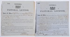 VICTORIA: PASTORAL LICENSE issued January 1870 in favour of Edwin Brett and John Russell Ross of Melbourne for land in the District of Benalla; signed by the Governor of Victoria, Viscount Canterbury. Also, another example dated December 1869 for another 
