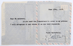 EDMUND HILLARY [1919 - 2008] strong signature, "E.P.Hillary" in ink on June 1958 aerogramme from Auckland to U.S.A. in response to an enquiry from Robert Quintero of Detroit, Michigan. 