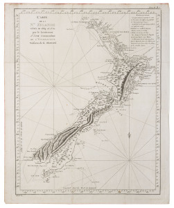 NEW ZEALAND : JAMES COOK: "Carte de la N.le Zelande visitée en 1769 et 1770 par le Lieutenant J. Cook Commandant de l'Endeavour vaißeau de la Majesté" James COOK Published Paris, 1774; Engraved by Robert Benard. 49 x 38cm.