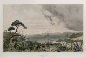After LOUIS LE BRETON (1818 - 1866), BAIE DE SARAH'S BOSOM (Iles Auckland), hand-coloured lithograph, 25 .5 x 42.5cm, from 'Voyage au Pole Sud et Dans L'Ocieane, Atlas Pittoresque", circa 1844.