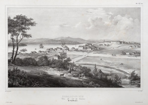 Alexis Noel after Louis Auguste De Sainson (1801-1887) VUE DU COTE DES CASERNES. (ILE VAN-DIEMEN) (View towards the barracks), lithograph, 26 x 42cm, From Dumont d’Urville’s 'Voyage de la corvette l'Astrolabe. Atlas historique.’, 1833.