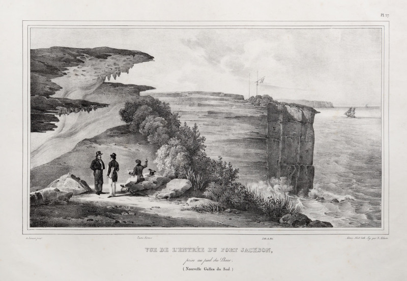 Alexis Noel after Louis Auguste De Sainson (1801-1887) VUE DE L'ENTREE DU PORT JACKSON, prise au pied du Phare, (Nouvelle Galles du Sud), lithograph, 22 x 37cm, From Dumont d’Urville’s 'Voyage de la corvette l'Astrolabe. Atlas historique.’, 1833.