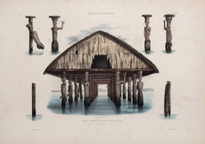 After Louis Auguste De Sainson (1801-1887) NOUVELLE-GUINEE. Facade et details de la mason sacree a Dorey. hand coloured lithograph, 26 x 37 cm, From Dumont d’Urville’s 'Voyage de la corvette l'Astrolabe. Atlas historique.’, 1833.