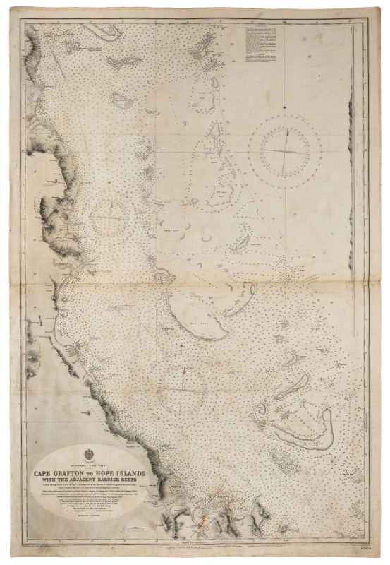 WHARTON, Capt. W.J.L., RN, AUSTRALIA - EAST COAST: Admiralty Chart [No 2924] "Cape Grafton to Hope Islands, with the adjacent Barrier Reefs" February 1909 edition, overall 103 x 69cm. Endorsed verso "S S ESSEX LANCE OWNER'S CHART".