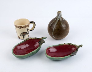 GUS McLAREN pottery vase, REG PRESTON pottery mug and two DYSON pottery dishes, (4 items), the vase 15cm high