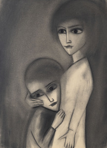 ROBERT HENRY (BOB) DICKERSON (1924 - 2015), Untitled (Mother and child), charcoal on art paper laid down on card, signed "DICKERSON" lower right, 76 x 56cm