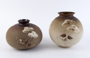 Two Australian studio pottery vases with flora decoration, 23cm and 18cm high