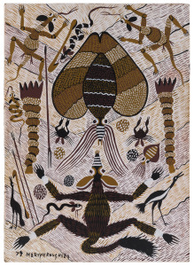 MERVYN ROUGHSEY (Australia, Aboriginal, active 1970s-80s), Untitled (Aquatic birds & animals), acrylic on board, signed and dated '79 lower left,