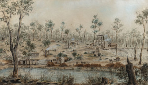 ROLAND CLARK "North East of Melbourne, on Yarra near Warrandyte'', watercolour, titled verso, ​signed and dated "R.Clark '94" lower left, 28.5 x 48.5cm. Besides the gold mine, the foreground of the picture shows extensive timber cutting and stacking next