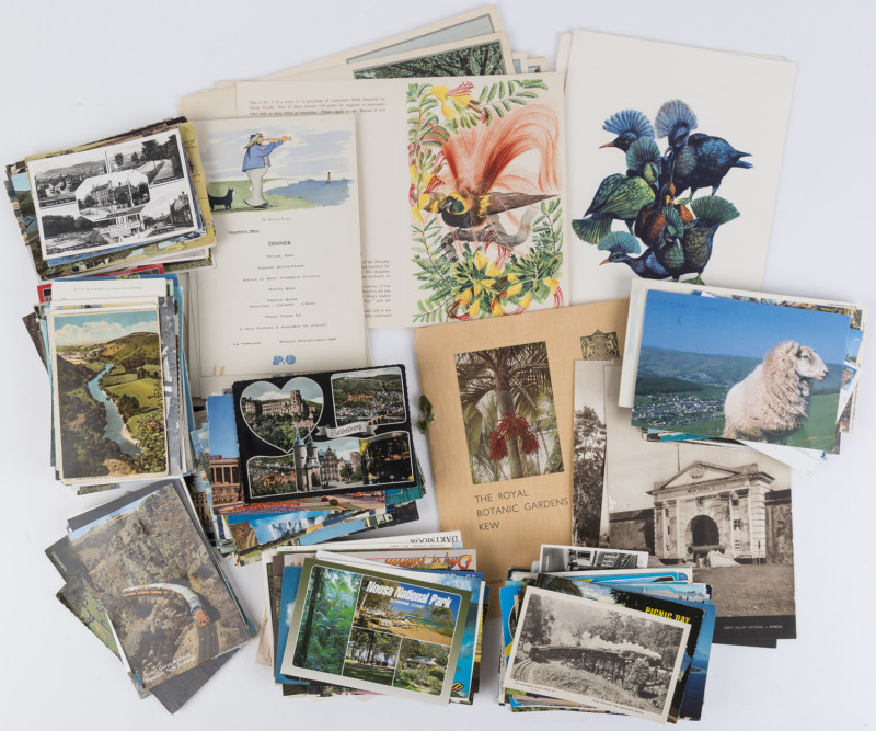 1950s-80s array of Australian, British and European cards; also 1937 HMSO (London) Royal Botanic Gardens booklet with 12 coloured views, and ship menus including 1937 for S.S. Nieuw Holland (3) and 1956 P&O "The Retired Pirate" set of 12 children's menus.