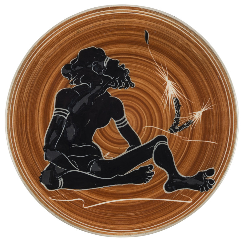 PICTON HOPKINS pottery plaque with Aboriginal figure, signed "Picton Hopkins Australia", ​31.5cm diameter