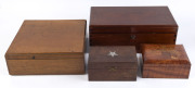 Four assorted Australian timber boxes including a fiddleback blackwood example inlaid with the map of Australia, 19th and 20th century, the map box 8cm high, 18cm wide, 14.5cm deep
