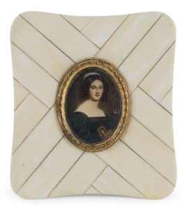 An Edwardian miniature portrait of a lady, finely painted on ivory, part signature evident, ivory frame; circa early 1900s, 9cm high overall.