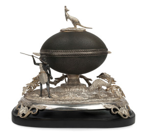 J. HENRY STEINER superb Colonial silver mounted emu egg casket with kangaroo finial, Aboriginal warrior hunting an emu, Sturt's desert pea and imposing spread eagle on reverse, Adelaide, South Australia, circa 1870s, stamped "H. STEINER" with Queen's head and lion passant, 24cm high, 25cm wide, 17cm deep