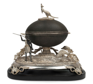 J. HENRY STEINER superb Colonial silver mounted emu egg casket with kangaroo finial, Aboriginal warrior hunting an emu, Sturt's desert pea and imposing spread eagle on reverse, Adelaide, South Australia, circa 1870s, stamped "H. STEINER" with Queen's head