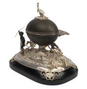 J. HENRY STEINER superb Colonial silver mounted emu egg casket with kangaroo finial, Aboriginal warrior hunting an emu, Sturt's desert pea and imposing spread eagle on reverse, Adelaide, South Australia, circa 1870s, stamped "H. STEINER" with Queen's head - 3