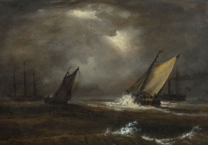 W.J. WILSON (Australian school, 19th century), maritime scene, oil and gouache on board, signed lower left "WJW 1880", remains of artist label verso, ​24 x 34cm