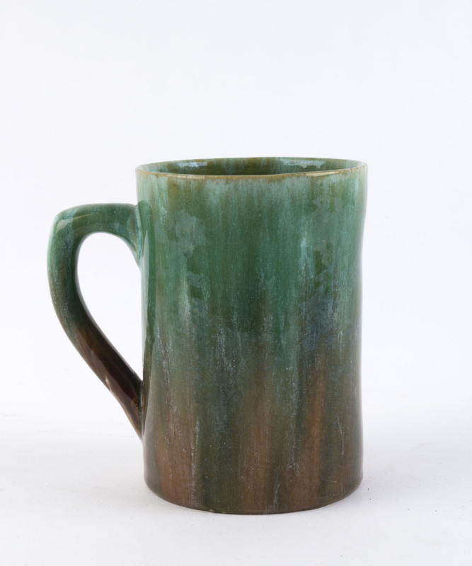 JOHN CAMPBELL green glaze pottery tankard, incised "John Campbell, Tasmania", ​13cm high, 13cm wide