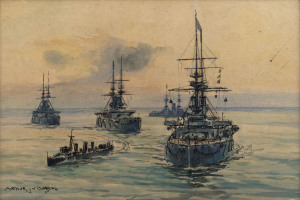 ARTHUR J. W. BURGESS (1897-1957), battleships off of Gallipoli, watercolour, signed lower left "Arthur J. W. Burgess", 17 x 25cm
