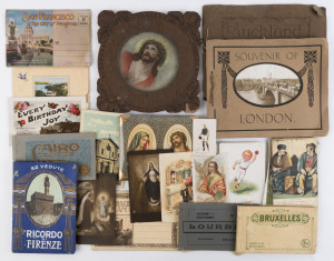 An assortment of postcards, souvenir booklets, religious picture and books, mixed vintages and condition