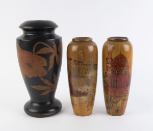 Three pokerwork vases, early 20th century, ​the largest 30.5cm high