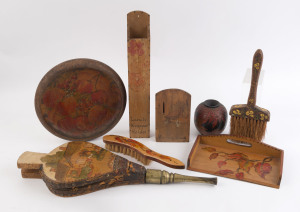 Pokerwork bellows, fruit bowl, crumb tray, brushes, vase, penny box and lunch wrap holder, early 20th century, (8 items), ​the bellows 48cm long