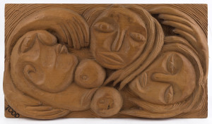 MILAN TODD (1922-1918), Three In Purple II, carved timber panel, signed lower left "Todd" title and artist detail label verso, 35 x 61cm