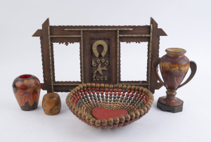 "Good Luck" folk art picture frame, heart shaped wooden beadwork bowl and three pokerwork vases, early to mid 20th century, (5 items), ​the frame 30 x 48cm