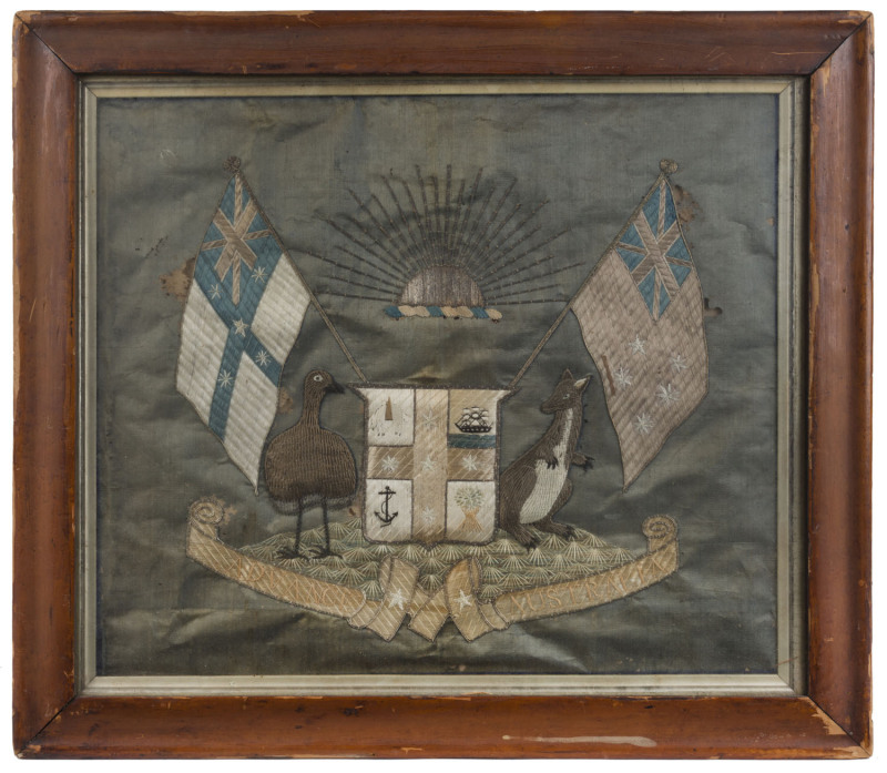 "ADVANCE AUSTRALIA" silk embroidery in original maple frame, 19th century, ​54 x 62cm overall