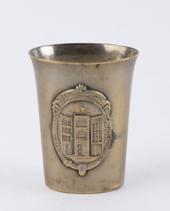 STEVENSON BROTHERS silver plated posy vase displaying an architectural vignette of the store, emblazoned "Stevenson Bros. Sydney And Adelaide Manufacturers & Importers Of Watches & Jewellery", 7cm high, 5.5cm wide