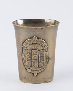 STEVENSON BROTHERS silver plated posy vase displaying an architectural vignette of the store, emblazoned "Stevenson Bros. Sydney And Adelaide Manufacturers & Importers Of Watches & Jewellery", ​7cm high, 5.5cm wide