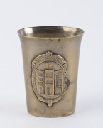 STEVENSON BROTHERS silver plated posy vase displaying an architectural vignette of the store, emblazoned "Stevenson Bros. Sydney And Adelaide Manufacturers & Importers Of Watches & Jewellery", ​7cm high, 5.5cm wide