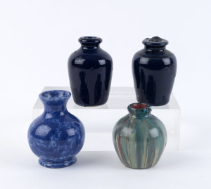 Four assorted pottery mercury bottles, two by Fowler (4 items total), the largest 7.5cm high