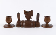 SOUVENIR OF BURNIE, TASMANIA blackwood desk pen stand together with a pair of candle holders, early 20th century, the pen stand 15cm wide