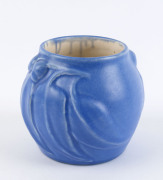 MELROSE WARE blue glazed vase with gumnuts and leaves, stamped "Melrose Ware Australian", 12cm high, 13cm wide