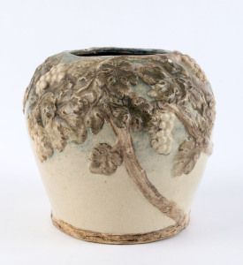 WILLIAM ANDERSON pottery vase with applied grape vine motif, incised "W.S. Anderson With Lorne Clay", 14.5cm high, 15cm wide