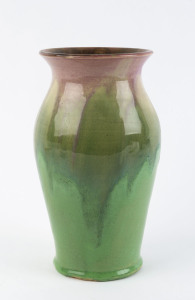 REMUED pottery vase with pink and green glaze, incised "Remued 118", 22cm high