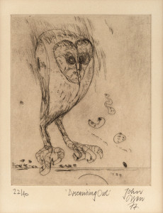 JOHN HENRY OLSEN (b.1928), Descending Owl, etching, editioned, titled, signed and dated '77 in lower margin, ​24.5 x 20cm.