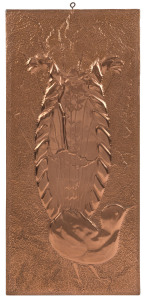 A lyrebird repoussé copper plaque, mid 20th century, ​62 x 28cm